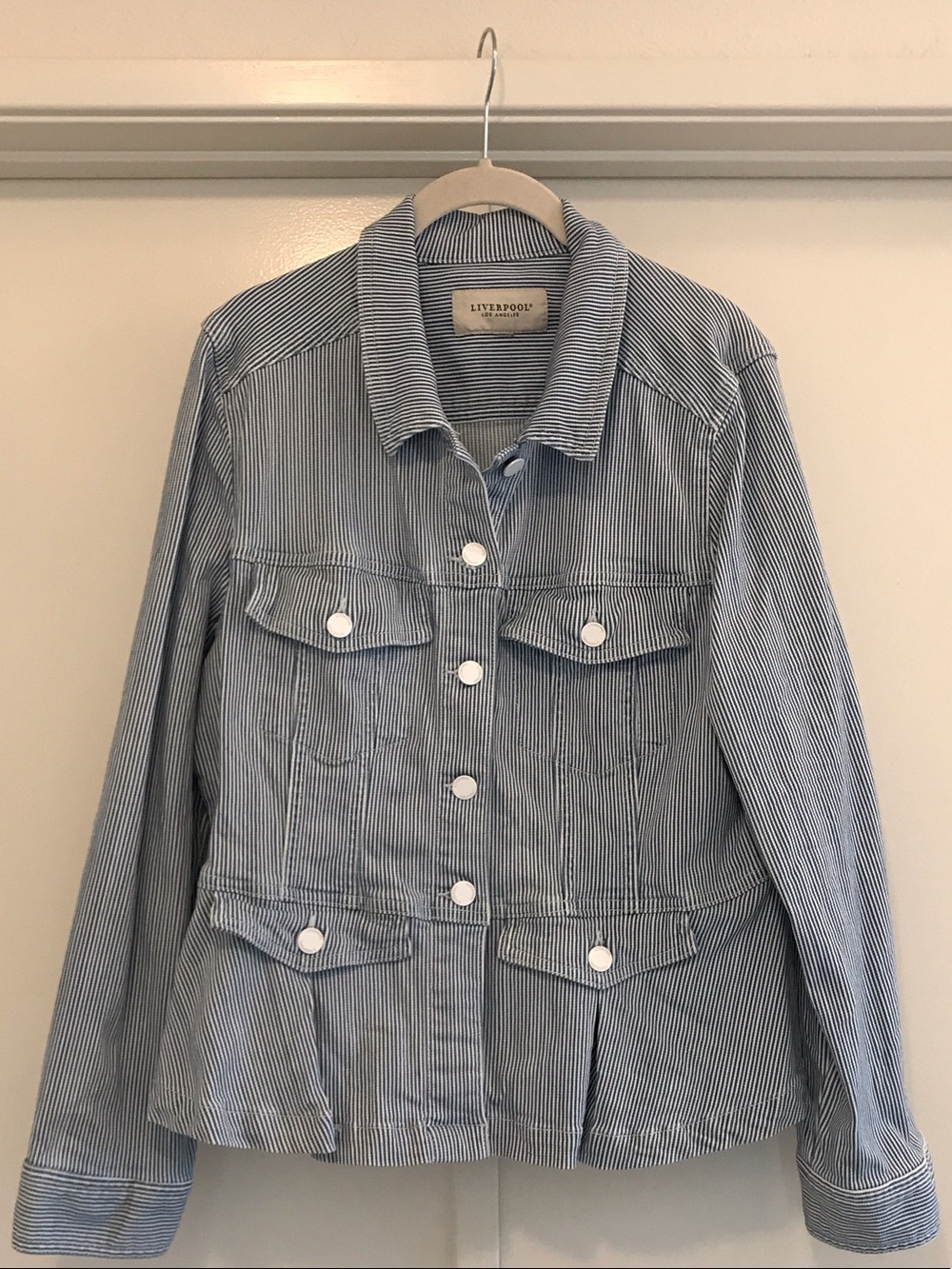 Liverpool Blue & White Pinstripe Peplum Jean Jacket